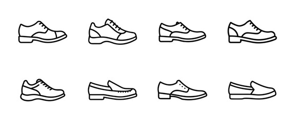 Footwear outline icon set including loafers, oxfords, heels, and sneakers in clean linear style for fashion, apparel, and shoe design collections