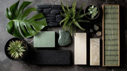 flat lay of a tropical Bali-style bathroom with natural stone and plants, color tones: moss green, lava black, and seafoam white