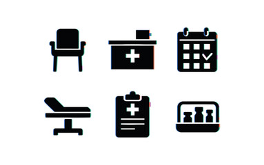 six different glitch effect illustration isolated on white backgorund clinic waiting chair clinic reception desk clinic appointment calendar clinic exam table clinic medical chart clinic
