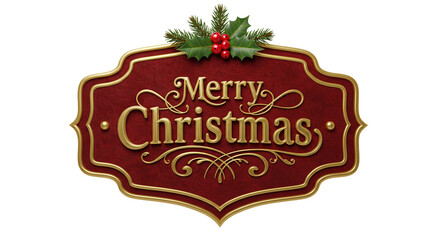 A christmas sign with holly berries and gold lettering on a maroon background for the holidays