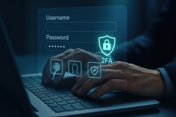 Naklejka premium Secure login interface with password field, fingerprint, face ID, and two-factor authentication shield 