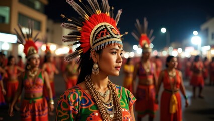 Fototapeta premium Vibrant Ethnic Festival with Dancers in Traditional Attire at Night
