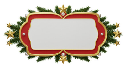Festive christmas frame with red and gold border adorned with stars and pine branches holiday themed