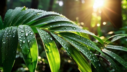 close up of dew covered tropical plants in a lush jungle sunlight shining on the leaves creating sparkling droplets