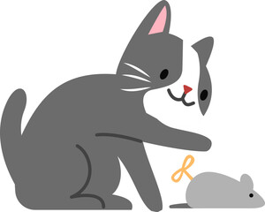 Gray Cat Playing with Wind-Up Mouse Toy