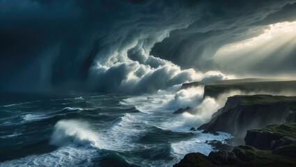 Obraz premium Stormy ocean with powerful waves crashing against cliffs under dark, threatening clouds. Nature and weather, storm and sea, dramatic seascape.