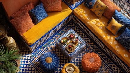 flat lay of a vibrant Moroccan riad lounge with colorful cushions and tilework, color tones: cobalt blue, ochre yellow, and burnt orange
