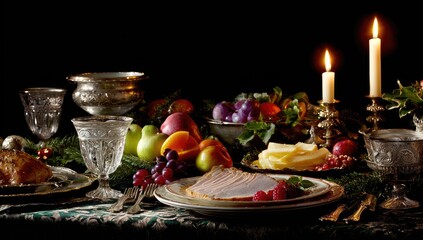 Naklejka premium Festive Christmas feast, vintage-style table setting