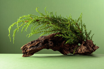 Old snag and juniper branches on a green background.