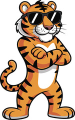 Confident cartoon tiger with sunglasses standing proudly, cool jungle animal mascot character for branding, marketing, education, merchandise, or animation