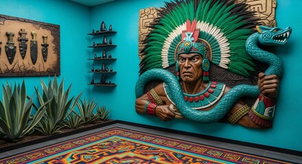Obraz premium Dynamic room featuring a large 3D Mesoamerican warrior sculpture with a turquoise serpent, vibrant cultural decor, and lush agave plants.