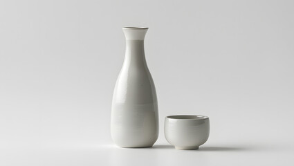 Minimalist White Ceramic Sake Bottle and Cup Set on Pure White Background with Glossy Finish and Balanced Composition