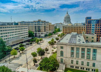 View of downtown Madison, WI and state capital dome on a sunny summer day