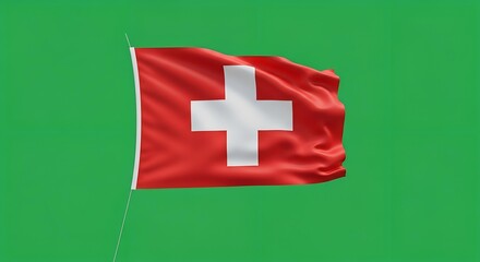 The national flag of Switzerland, featuring a white cross on a red field, waves against a green screen.