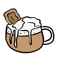 Latte with cookies, coffee with cookies, doodle, vector illustration
