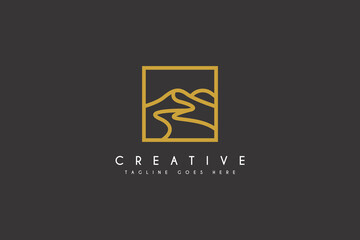 Mountain with Path, winding road river, logo design vector illustration.