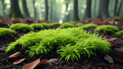 Close up of vibrant green moss growing on dark forest floor with blurred trees in background nature