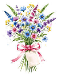 Watercolor bouquet of colorful wildflowers with pink ribbon and tag on transparent background