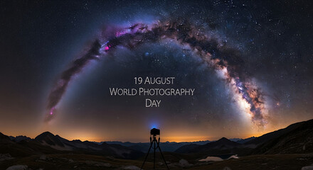 A young man holds a DSLR camera up to his eye, celebrating World Photography Day on August 19th, with bokeh lights surrounding him.