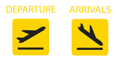 Arrivals and departure plane signs.yellow Airport Sign. Simple icons, airplane landing and takeoff. Airport icons set: departures, arrivals. Vector illustration Aircraft or Airplane