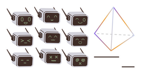Robots with expressive faces showcasing emotions thumbs up happiness, sadness, and confusion. Pyramid outline symbolizes creativity, technology, emotion, and minimalism. Ideal for AI, robotics