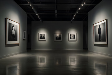Modern art gallery interior at night, dim ambient lighting, spotlights on a few framed artworks, clean walls, polished concrete floor, dramatic light and shadow play, minimalist layout