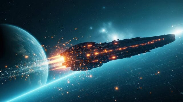 A futuristic spaceship soaring through the cosmos leaving a trail of sparks and energy as it approaches a vibrant planet with distant stars illuminating the dark expanse of space