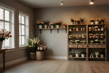 Fototapeta premium Elegant flower shop interior, empty space with organized flower arrangements in soft pastel tones, wooden floor, warm indirect lighting, rustic shelves, neutral walls, cinematic central composition