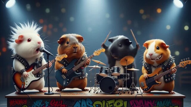 Guinea Pig Rock Band Performing on Stage - Four guinea pigs dressed in studded leather jackets perform a rock concert on stage.