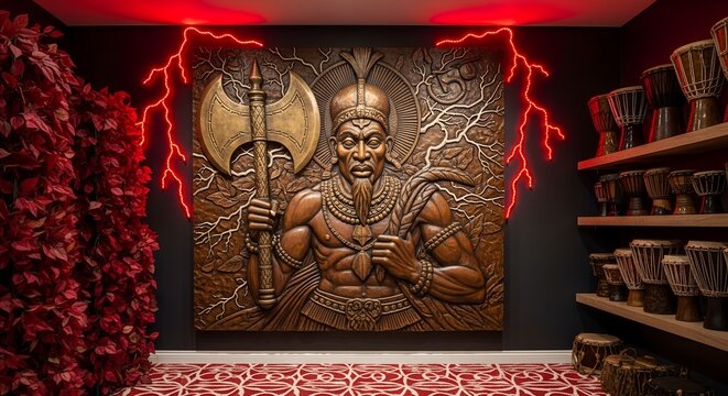 Striking wooden relief sculpture of a bearded deity with an axe, enhanced by red lightning neon, in a culturally rich room with African drums and vibrant foliage.