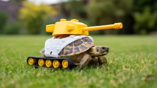 Tortoise in Toy Tank on Grass - A small tortoise sits on top of a toy tank, slowly moving across a lush green lawn. The bright yellow toy tank contrasts with the tortoise's shell and the green grass.