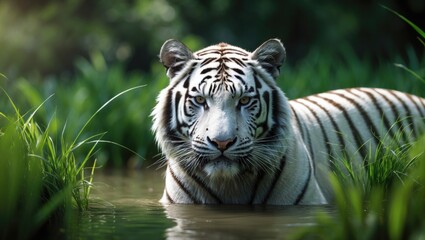 Naklejka premium White tiger resting in water surrounded by green grass and foliage. Wildlife and nature. Big cat in natural habitat. The concept of wildlife and conservation.