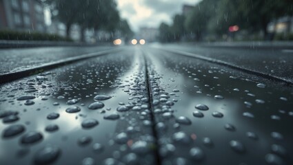 Rain-soaked road with water droplets on the surface, blurred background of trees and vehicles, rainy weather, and wet conditions.