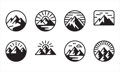 Black mountain landscape icons in circle and rectangle shapes peak nature