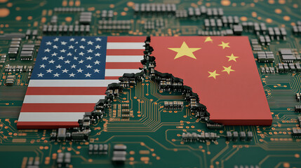 Technological divergence: United States and China flags fractured on a circuit board, symbolizing competition and the separation of technology sectors.