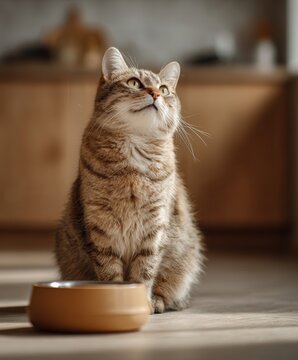 Naklejki cat sitting on a beige kitchen floor in front of an empty food bowl