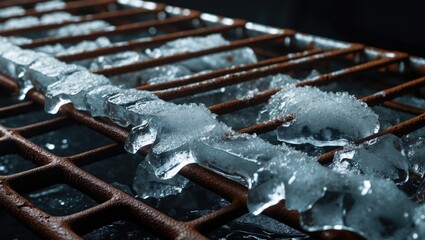 Ice and water on a metal grill, with frozen water melting and dripping. Cold temperature concept. Freeze and thaw process.