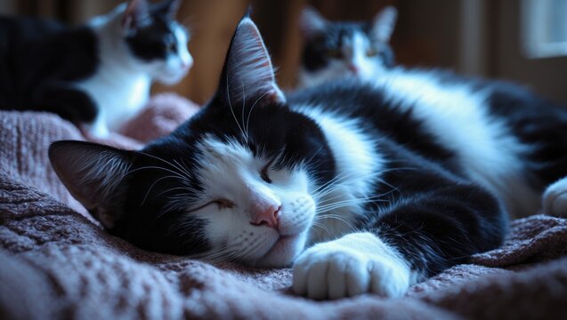 Three cats sleeping together on a blanket, with two cats in the background.