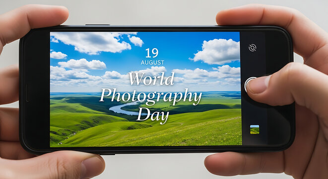 A young man holds a DSLR camera up to his eye, celebrating World Photography Day on August 19th, with bokeh lights surrounding him. - Powered by Adobe