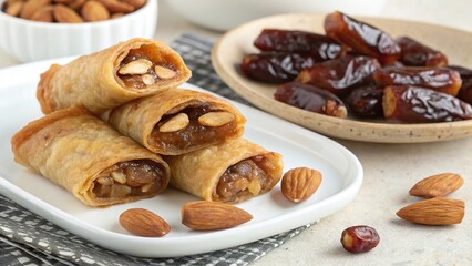 Fototapeta premium Delightful briouats filled with dates and almonds served on a white plate with fresh ingredients