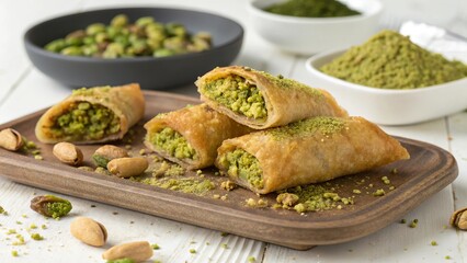 Delicious briouats filled with ground pistachios showcased on a rustic wooden platter with nuts and matcha powder