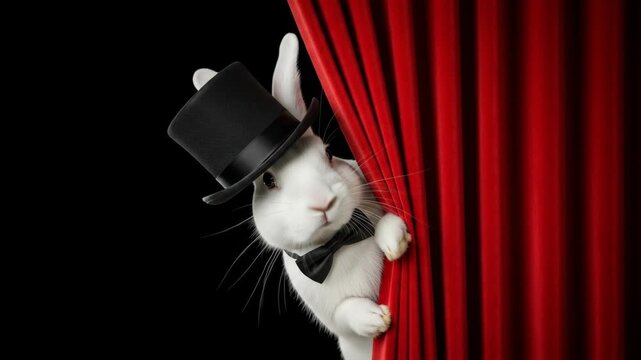 Rabbit Magician Unveiling a Secret - A white rabbit wearing a top hat and bow tie playfully peeks from behind a rich red velvet curtain, creating a whimsical and magical scene.