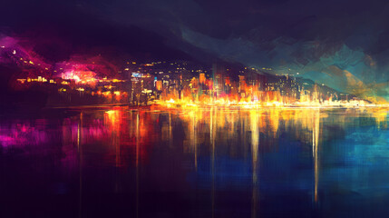Naklejka premium Abstract city light reflections on water at night. Vibrant art painting evokes urban mystery.