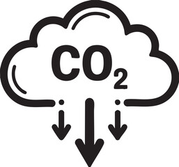 Black and white icon of C O2 emissions reduction with downward arrows carbon dioxide decrease