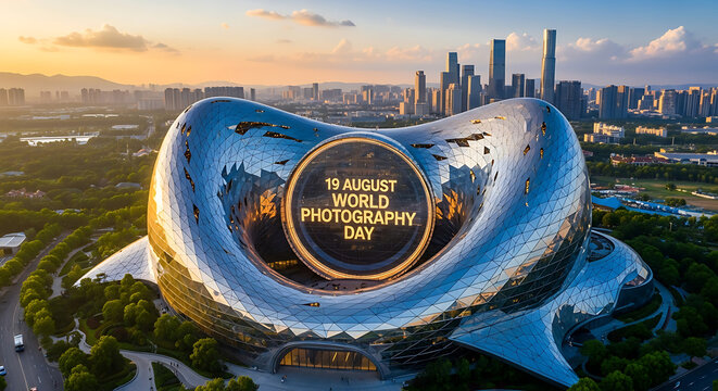 A young man holds a DSLR camera up to his eye, celebrating World Photography Day on August 19th, with bokeh lights surrounding him.