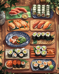 Illustration of beautifully arranged sushi sets, featuring a variety of nigiri, maki rolls, and sashimi, meticulously presented on elegant wooden and ceramic plates.