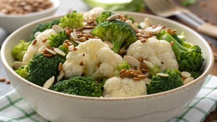 Fresh and vibrant broccoli and cauliflower salad with crunchy sunflower seeds for a healthy meal