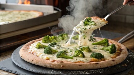 Broccoli and ricotta pizza bubbling with cheese on a sizzling pizza stone in a cozy kitchen
