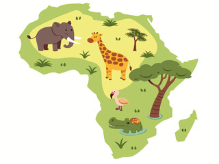 Africa Map with Cartoon Safari Animals for Kids Educational Poster