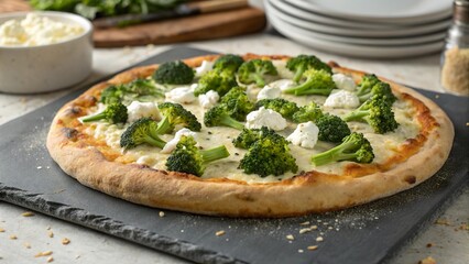 Delicious broccoli and ricotta pizza baked to perfection on a rustic stone surface